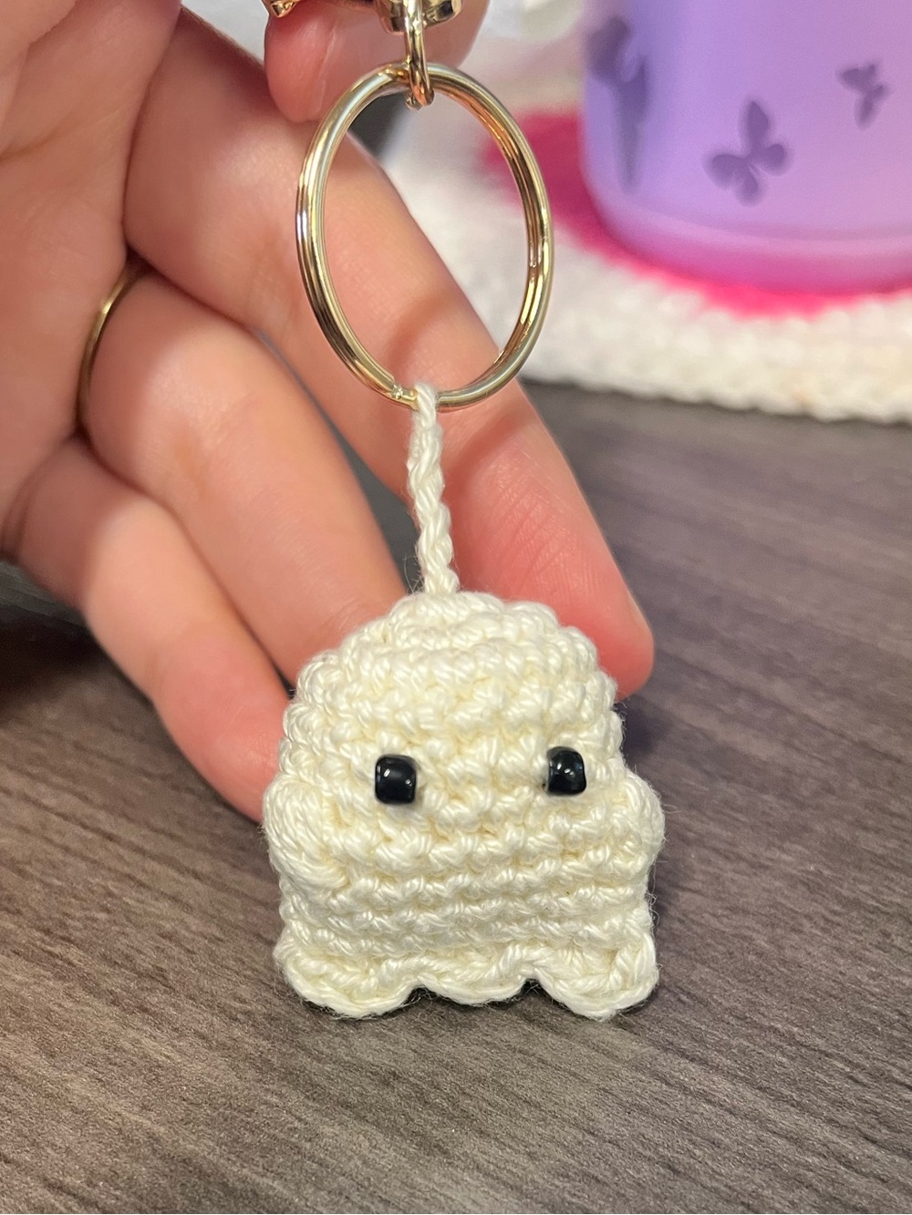 Handmade Cream Crochet Ghost Pet Accessory Keychain